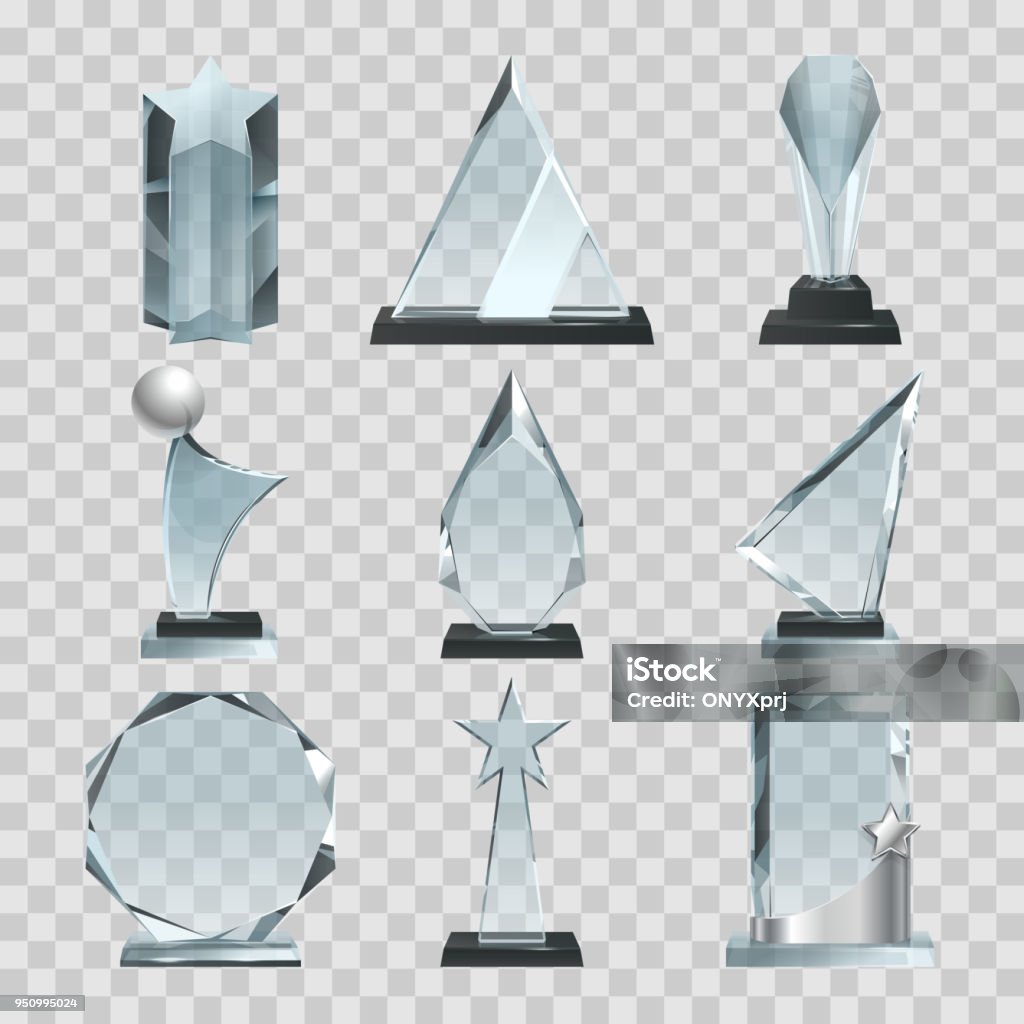 Crystal glass trophy or awards on transparent background Crystal glass trophy or awards on transparent background. Glass crystal award, blank trophy transparent. Vector illustration Award stock vector