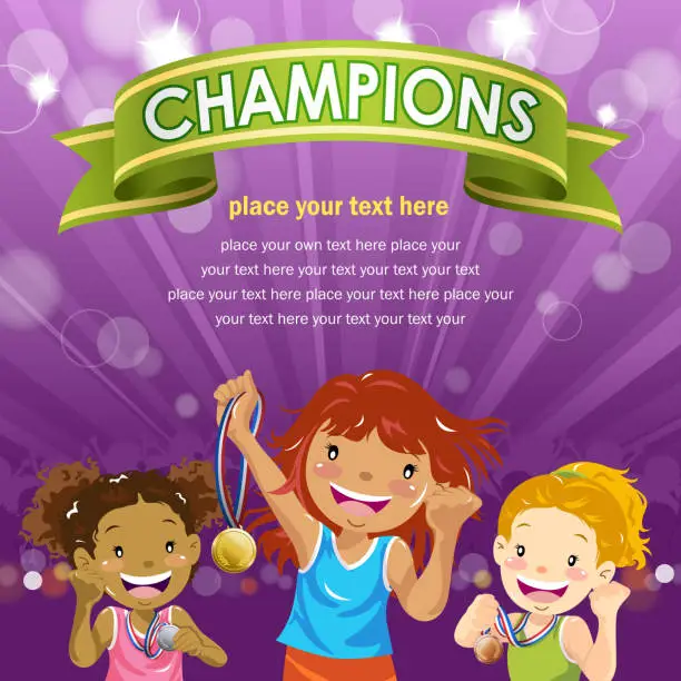 Vector illustration of Girl Champions With Medals