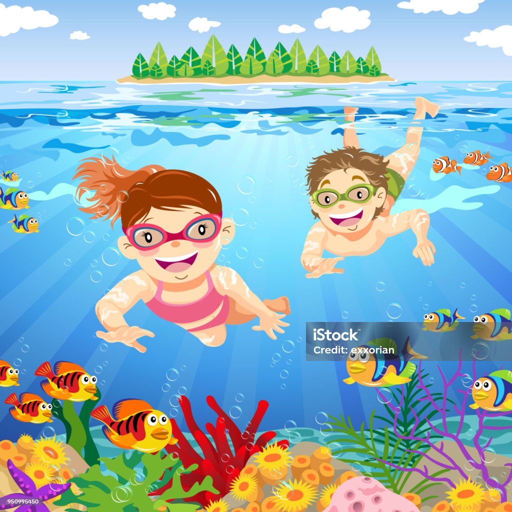 Teenager Snorkeling In Summer Teenager snorkeling in the sea. School of Fish stock vector