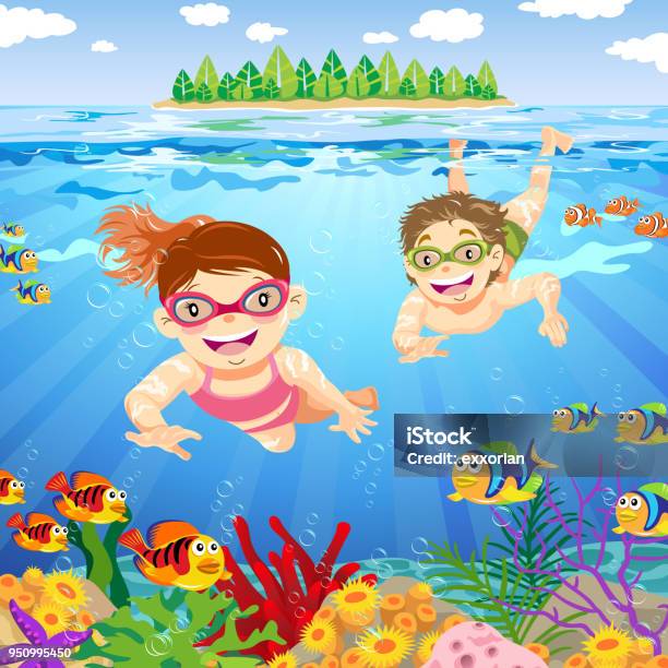 Teenager Snorkeling In Summer Stock Illustration - Download Image Now - School of Fish, Snorkel, Snorkeling