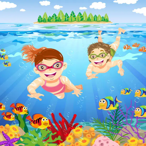 Vector illustration of Teenager Snorkeling In Summer