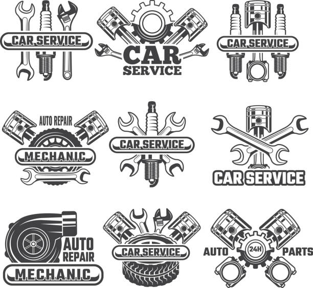 Design template of labels and badges with automobile tools and details Design template of labels and badges with automobile tools and details. Vector auto transport icon service, motor automotive repair badge illustration tire vehicle part stock illustrations