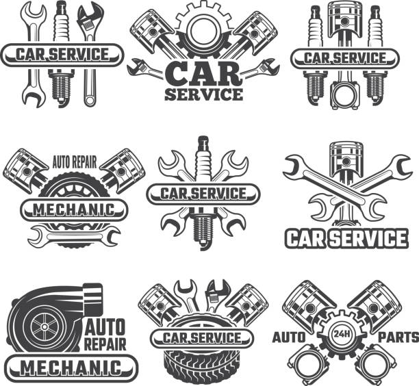 Design template of labels and badges with automobile tools and details Design template of labels and badges with automobile tools and details. Vector auto transport icon service, motor automotive repair badge illustration vintage tire stock illustrations