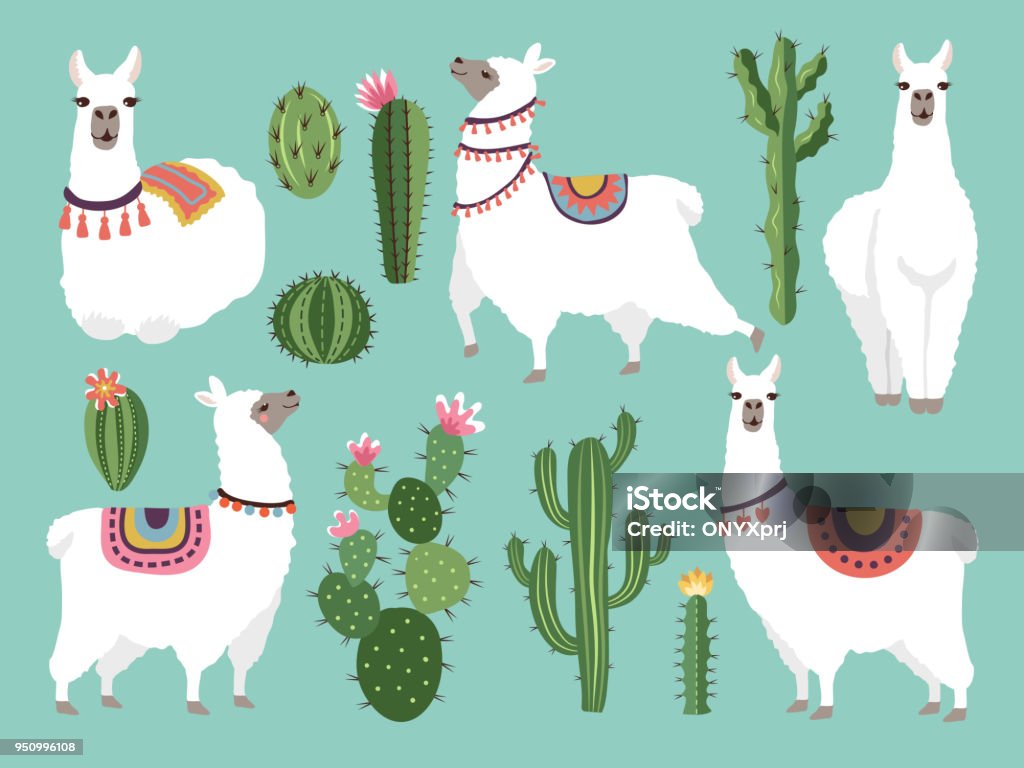 Ilustraciones de llama divertido. Animal de vector de estilo plano - arte vectorial de Llama - Familia del camello libre de derechos