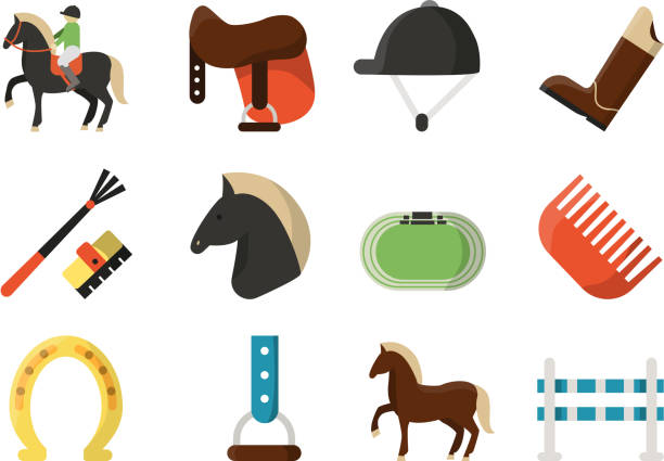 wektorowe płaskie ikony. symbole sportu jeździeckiego - horseback riding illustrations stock illustrations