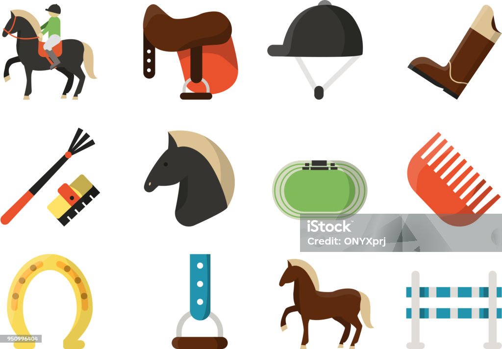 Vector flat icons. Symbols of equestrian sport Vector flat icons. Symbols of equestrian sport. Equestrian sport, animal horse race, barrier and jockey illustration Icon Symbol stock vector
