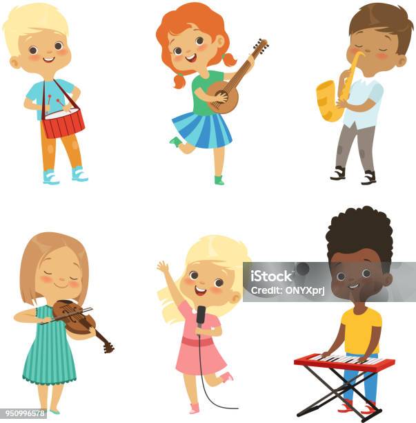 Various Cartoon Kids Musicians Stock Illustration - Download Image Now - Child, Drum - Percussion Instrument, Music