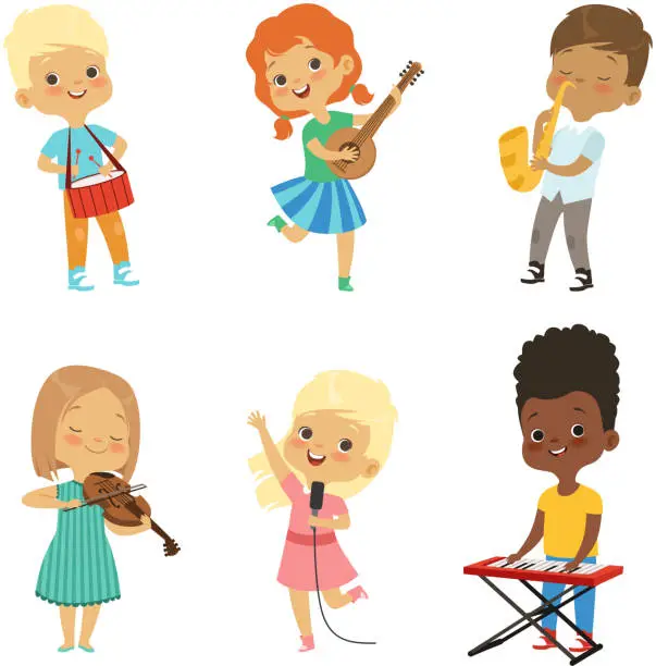 Vector illustration of Various cartoon kids musicians