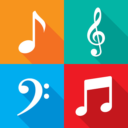 Vector illustration of a set of multi-colored music note icons in flat style.