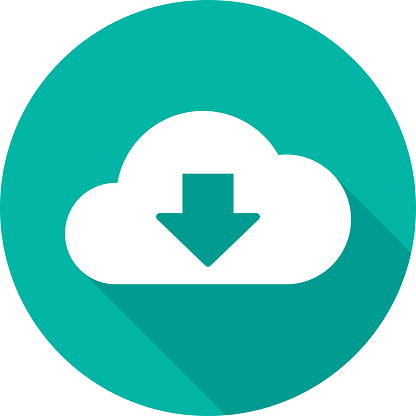 Vector illustration of a teal cloud download icon in flat style.