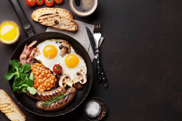 istock English breakfast. Fried eggs, sausages, bacon 951000984