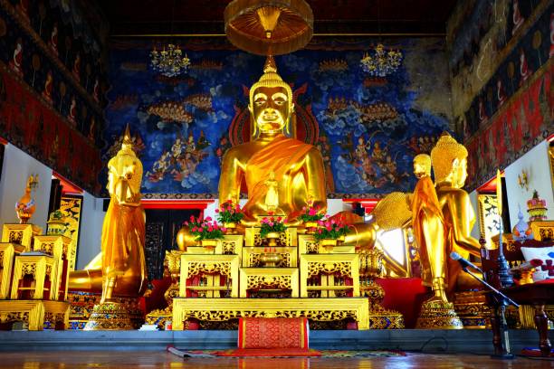 istock Ancient Golden Buddha image in main hall at Wat Nang Chee Bangkok Thailand. 951001000