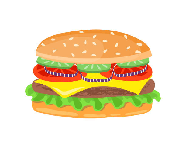 istock Drawing of hamburger with cheese, tomatoes, chop, lettuce, onion, cucumber in flat cartoon style. Illustration for design fast food menu. Vector 951001078