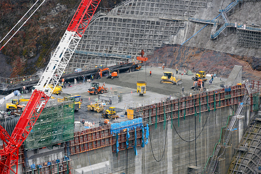 Biggest construction site, Gravity type concrete dam building in Japan, Yanba dam, The view from the observation deck of the public