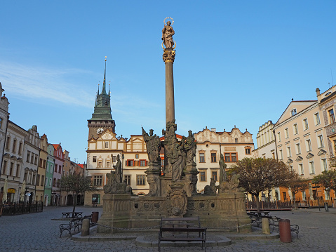 Pardubice, Czech Republic. The Perstynske square and the Plague Column