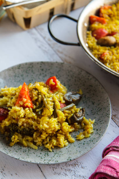 istock Vegetable paella in a frying pan and on a plate close-up 951006640
