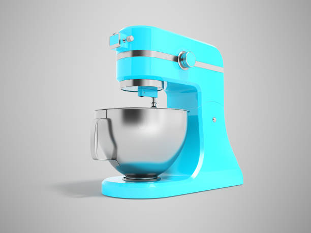 istock Modern electric food processor electric blue with metal bowl 3D rendering on gray background with shadow 951010848