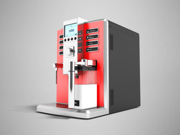 istock A modern multifunctional coffee machine with milk red 3d on the right 3d render on gray background with shadow 951010926