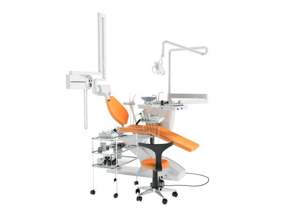istock Dental equipment for dentist orange left perspective with chair and bedside table with tools 3d render on white background no shadow 951011108