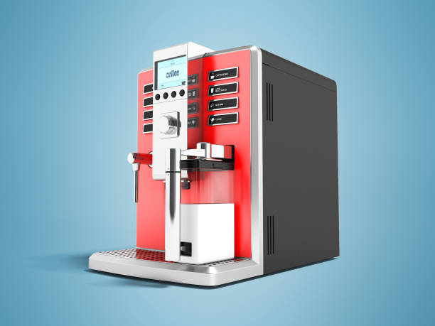 istock A modern multifunctional coffee machine with milk red 3d on the right 3d render on blue background with shadow 951011158