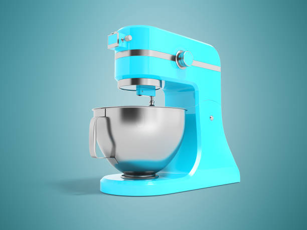 istock Modern electric food processor electric blue with metal bowl 3D rendering on blue background with shadow 951011184