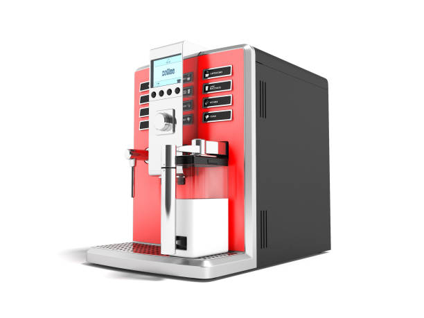 istock A modern multifunctional coffee machine with milk red 3d on the right 3d render on white background with shadow 951013948