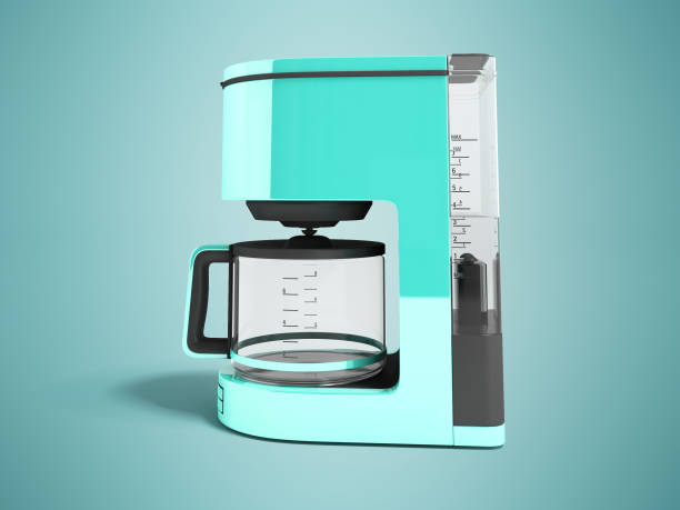 istock Modern coffee machine electric blue with a glass kettle and a water tank 3d rendering on blue background with shadow 951014438