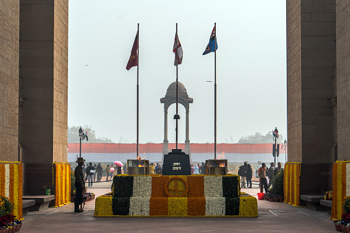 New Delhi, India, January 27, 2018 : Soldiers standing at AMAR JAWAN memorial at INDIA GATE at DELHI in INDIA.