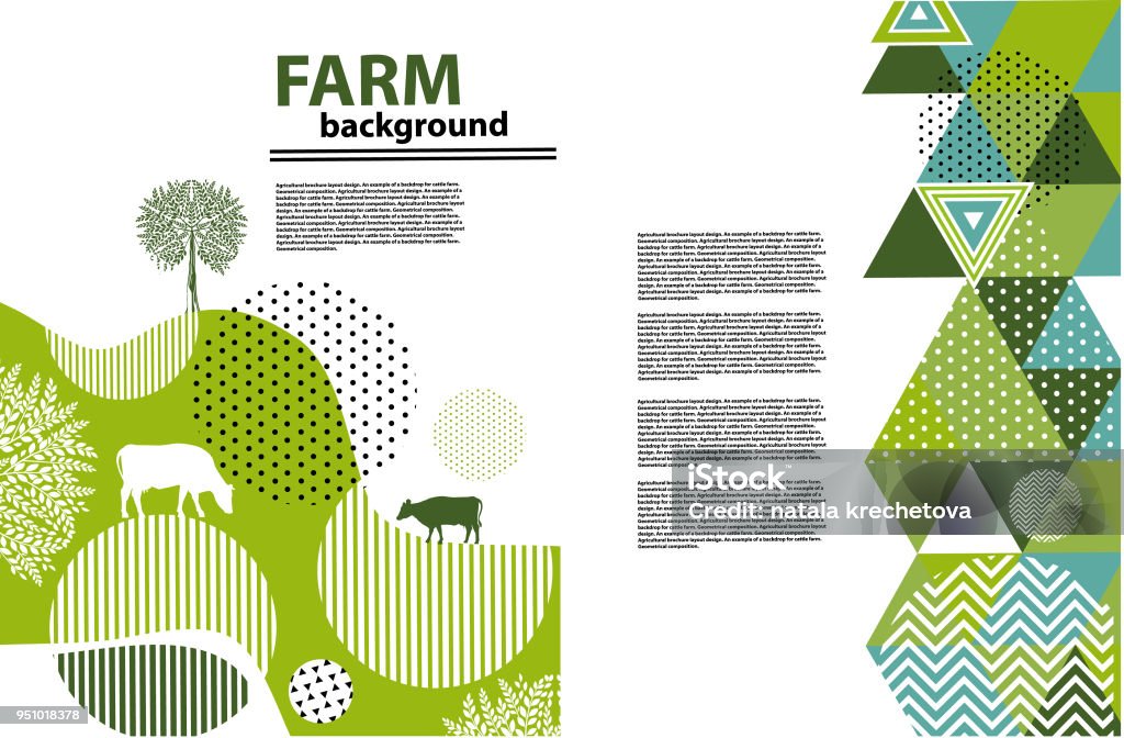 Projeto de layout de folheto agrícola. Um exemplo de um cenário para a fazenda. Composição geométrica. Fundo para capas, panfletos, banners - Vetor de Agricultura royalty-free