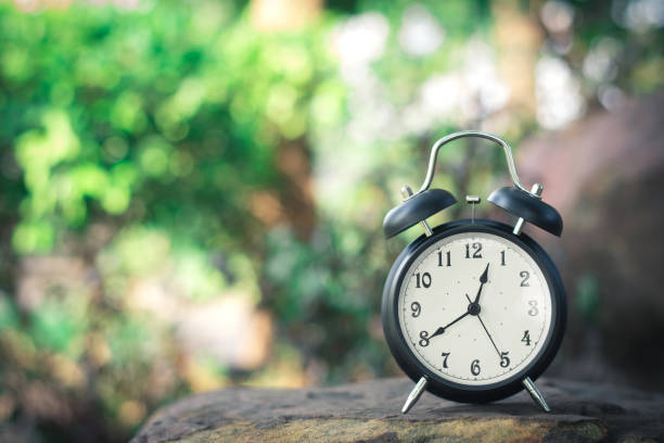 istock Black alarm clock on nature background with copy space 951021590