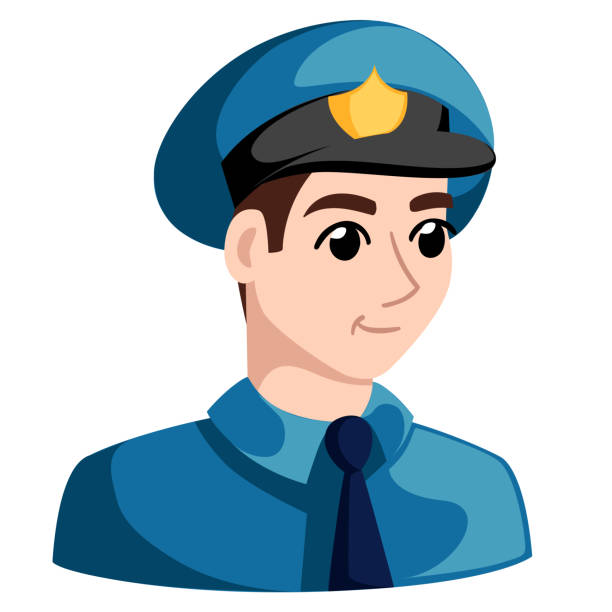 polizisten, polizisten, zeichentrickfigur, vektor-illustration auf hintergrund isoliert - humor badge blue crime stock-grafiken, -clipart, -cartoons und -symbole