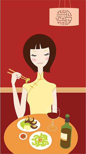 Chinese food and red wine vector art illustration