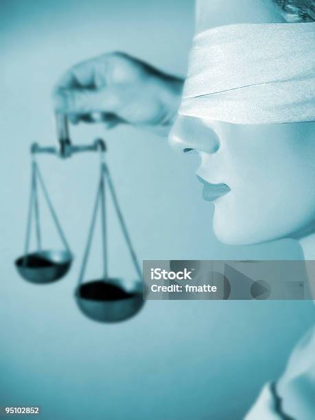 Representation Of Lady Justice With Blue Filter Stock Photo - Download Image Now - Adult, Blindfold, Color Image