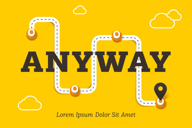 Anyway business concept with winding road Anyway business concept with winding road and pin pointer on yellow background. Minimalistic business infographics, process direction, timeline diagram, digital marketing vector illustration. anyway stock illustrations