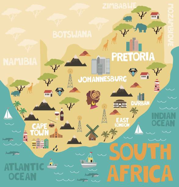 illustrazioni stock, clip art, cartoni animati e icone di tendenza di mappa illustrata del sudafrica con natura e punti di riferimento - pretoria