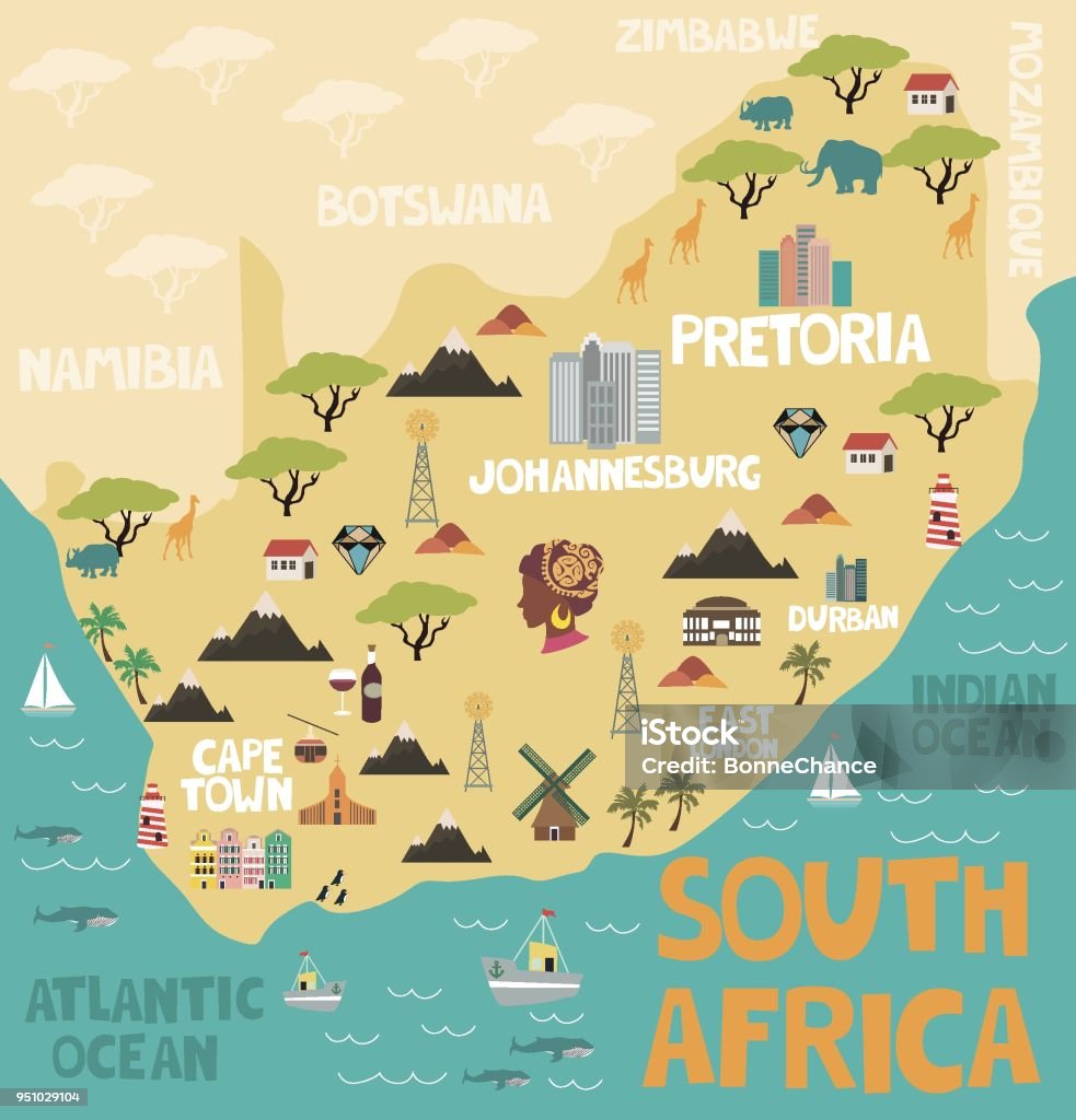 Mapa ilustrado da África do Sul com a natureza e Marcos - Vetor de Mapa royalty-free