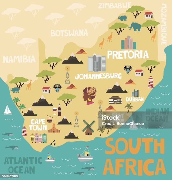 Vetores de Mapa Ilustrado Da África Do Sul Com A Natureza E Marcos e mais imagens de Mapa