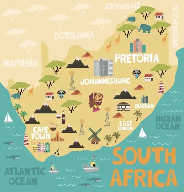 Vector illustration of Illustrated map of South Africa with nature and landmarks