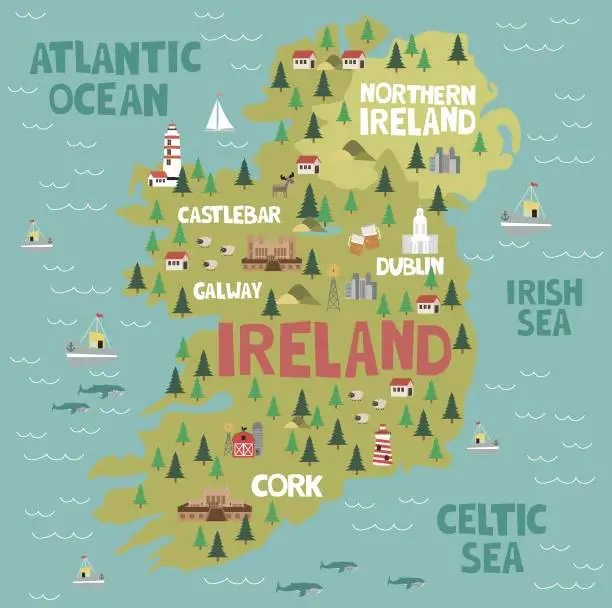 Vector illustration of Illustrated map of Ireland with nature and landmarks