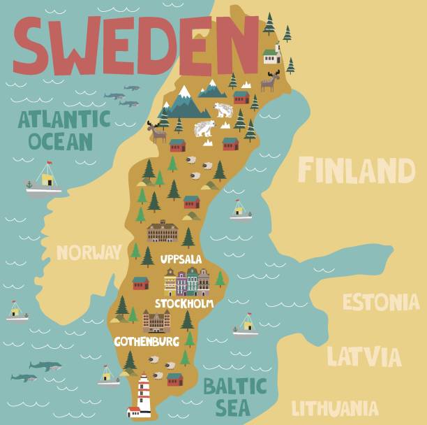 illustrazioni stock, clip art, cartoni animati e icone di tendenza di mappa illustrata della svezia con natura e punti di riferimento - stockholm