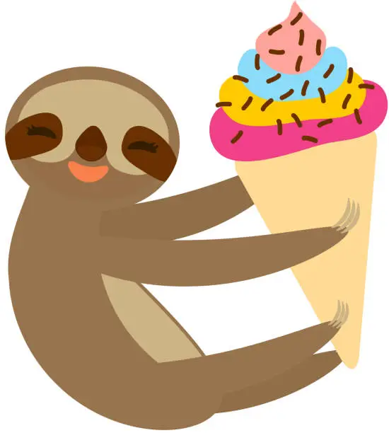 Vector illustration of funny and cute smiling Three-toed sloth with ice cream in waffle cone on white background. Vector