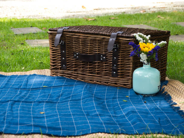 Picnic basket on grass stock photo