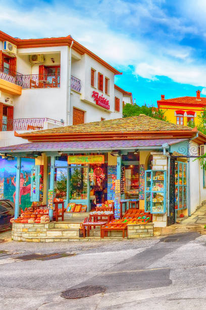Portaria, Greece - October 12, 2016: Street view at Portaria, village in Pelion mountain and different centaur souvenirs in greek gift shop