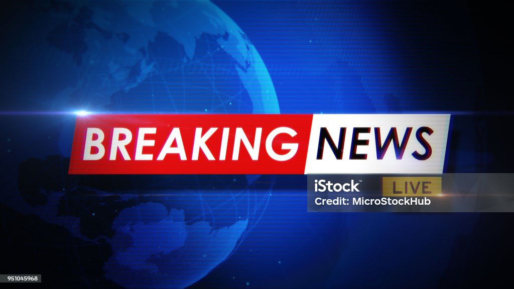 Breaking News Concept Breaking news title on world map over blue background. Breaking news concept. Horizontal composition with copy space. Front view. The Media Stock Photo