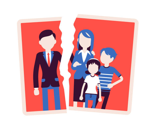 Family breakup problem Family breakup problem. Photo with rift between people, serious quarrel, spouse disagreement, end with divorce, split, loss of good relationship and love. Vector illustration with faceless characters relationship difficulties photos stock illustrations