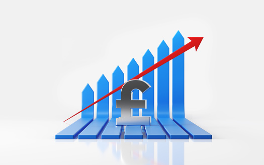 Blue financial growth bar and a red arrow with a British pound symbol on white reflective surface. Growth concept. Horizontal composition with selective focus and copy space. Clipping path is included.
