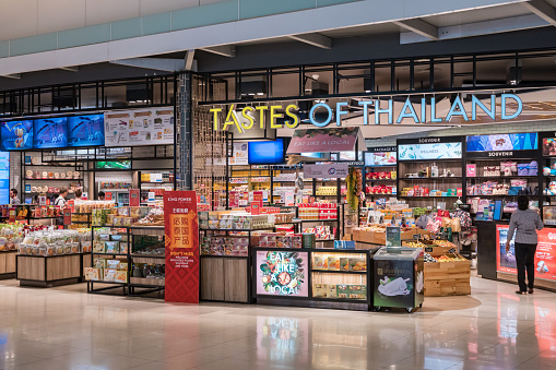 Bangkok, Thailand - 22 March, 2018: Tastes Of Thailand Duty Free retail shop inside the terminal at Suvarnabhumi International Airport