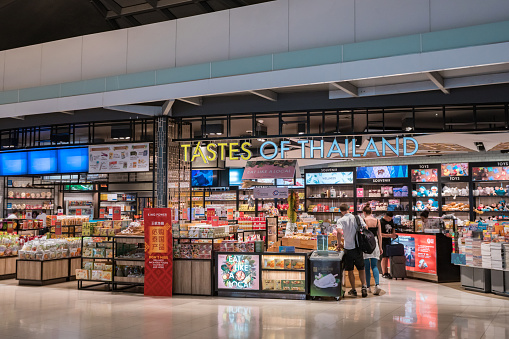Bangkok, Thailand - 22 March, 2018: Tastes Of Thailand Duty Free retail shop inside the terminal at Suvarnabhumi International Airport