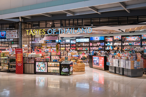 Bangkok, Thailand - 22 March, 2018: Tastes Of Thailand Duty Free retail shop inside the terminal at Suvarnabhumi International Airport