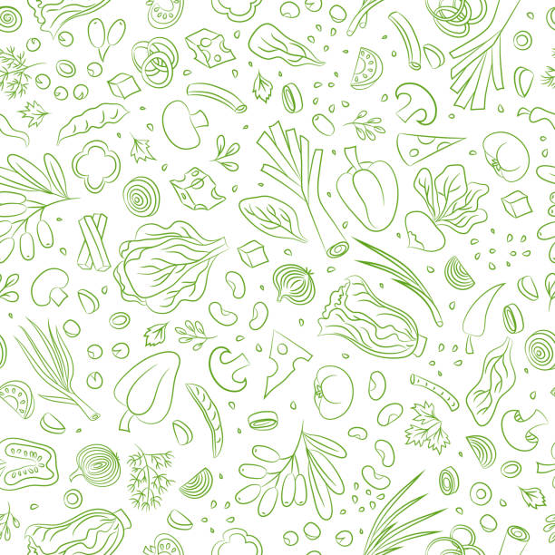 illustrations, cliparts, dessins animés et icônes de modèle sans soudure de végétarien avec des légumes. - salade composée